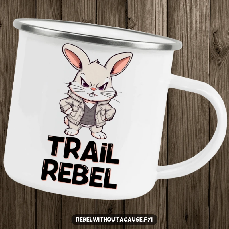 Funny camping mug featuring a scowling, defiant bunny in a ripped jacket, ready for adventure and hot beverages.