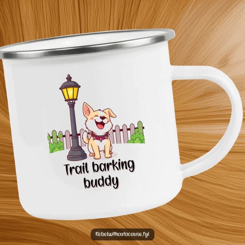Funny Dog Camping Mug with a cheerful dog playfully barking at a lamppost, perfect for outdoor enjoyment and dog tales.