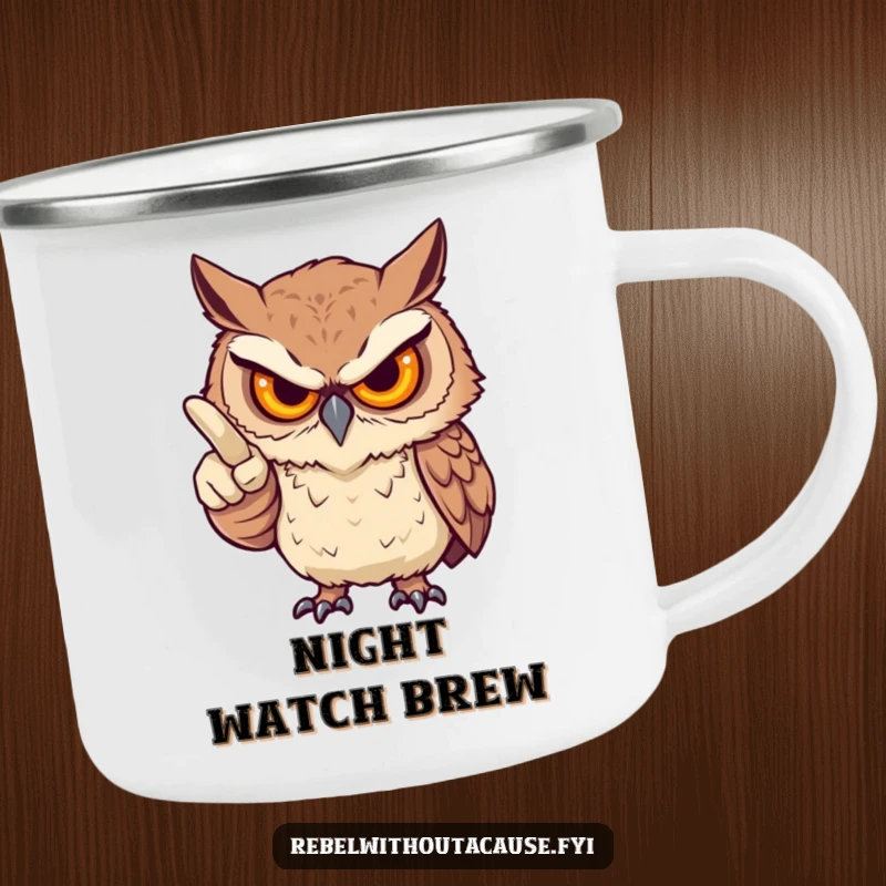 Funny camping mug showing a fierce owl pointing an accusatory finger, ideal for outdoor drinks and a dose of witty judgment, a cool funny gift.