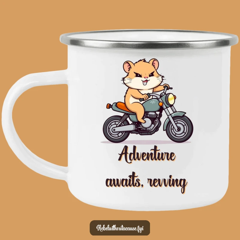 Funny Hamster Motorcycle Camping Mug: Durable & Hilarious with Determined Rodent Rider, Outdoor Fun