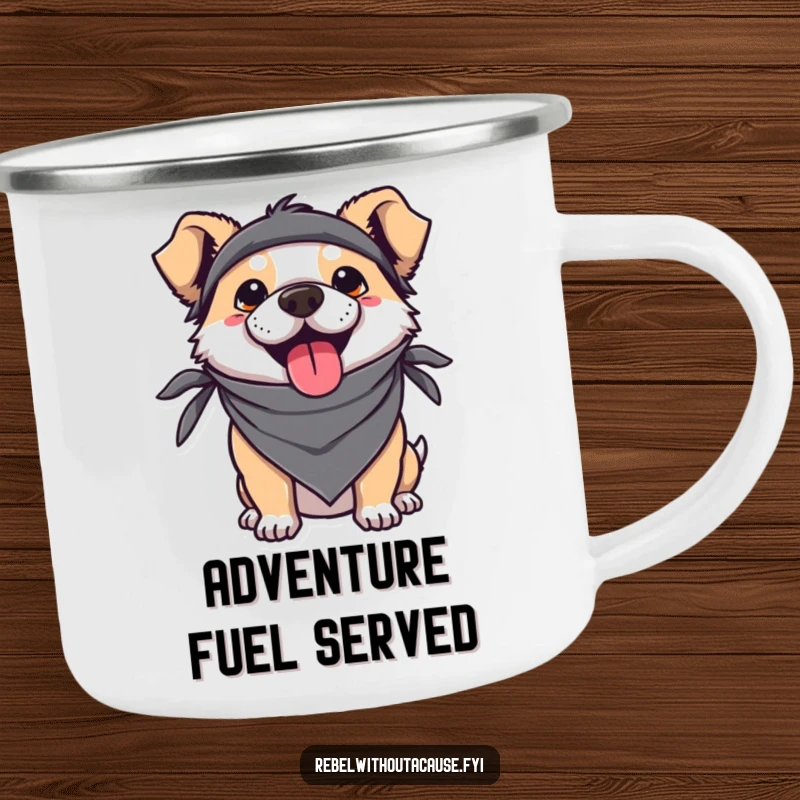 Funny Kawaii Dog Camping Mug featuring a rebellious pup in a bandana, sticking its tongue out, ready for outdoor adventures.