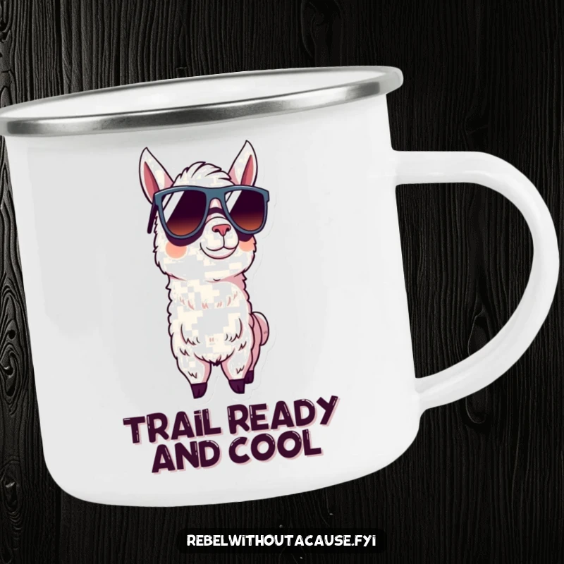 Funny llama with oversized sunglasses on a camping mug, perfect for cool adventures.