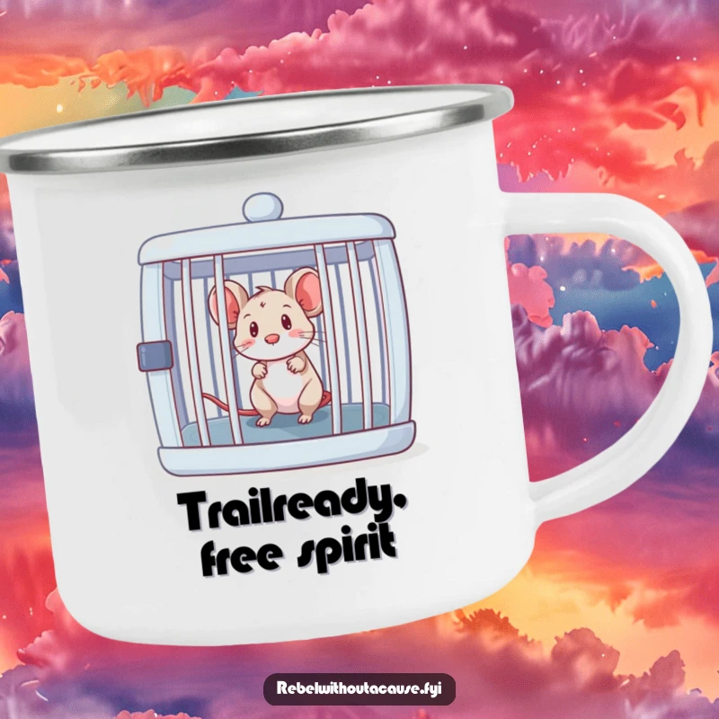 Funny mouse peeking out from an open, empty cage on a durable camping mug, ready for adventure.