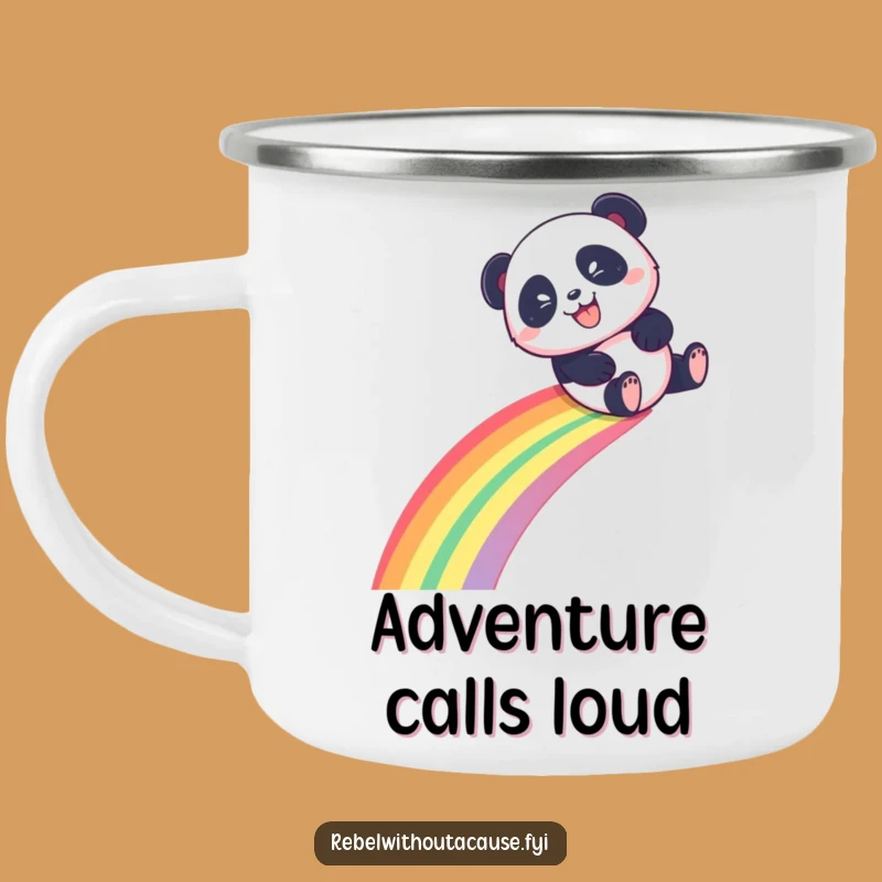 Funny Panda Camping Mug, Rainbow Adventure, Mischievous Grin, Essential Funny Gift