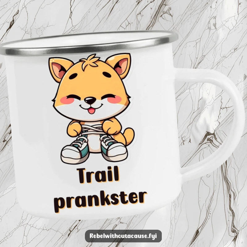 Funny Enamel Camping Mug: Playful Animal with Mischievous Grin Tying Shoelaces Together, Durable and Humorous.