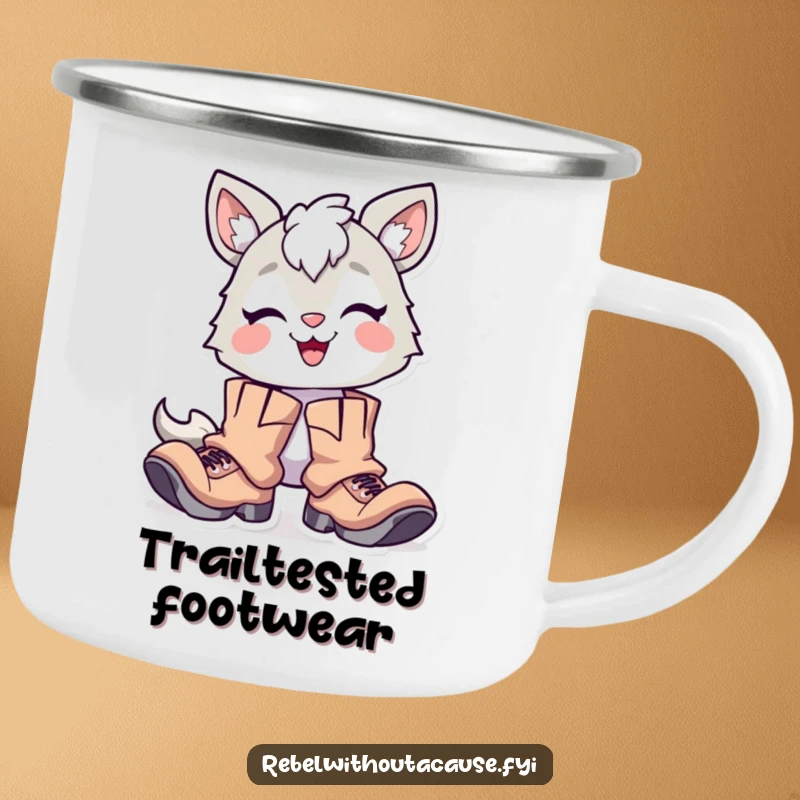 Funny Enamel Camping Mug: Delighted Animal Character with Proud Smirk, Wearing Oversized Tattered Boots, Durable and Humorous.
