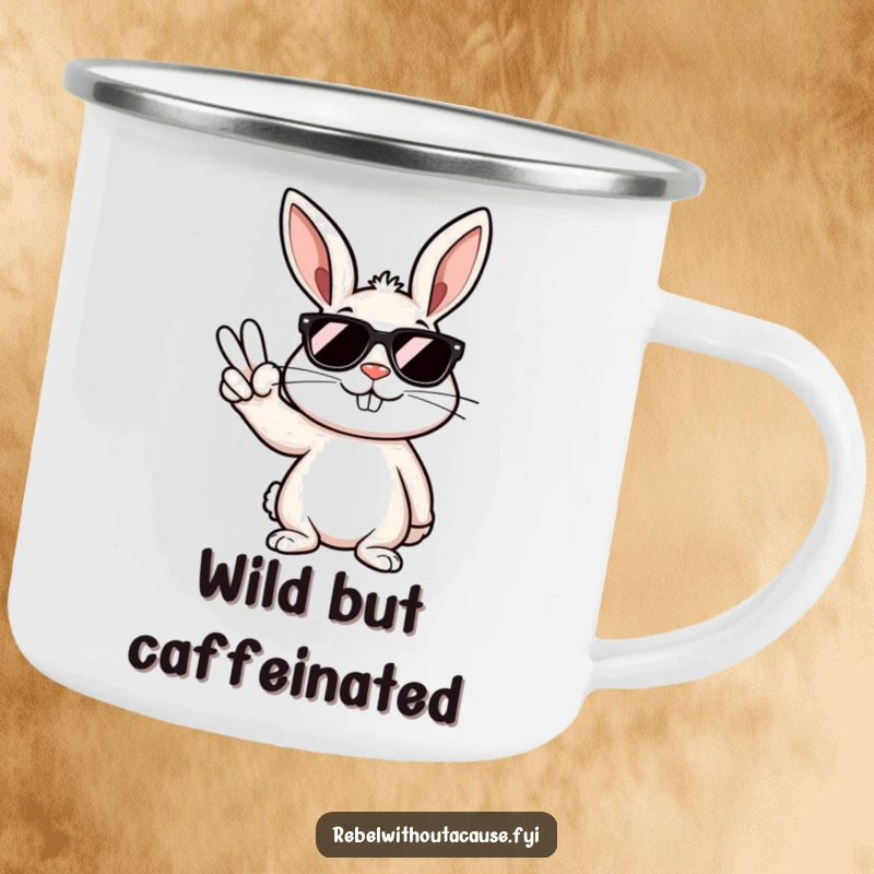 Funny enamel camping mug with a rebellious bunny in sunglasses, smirking and giving a peace sign, built for adventure.
