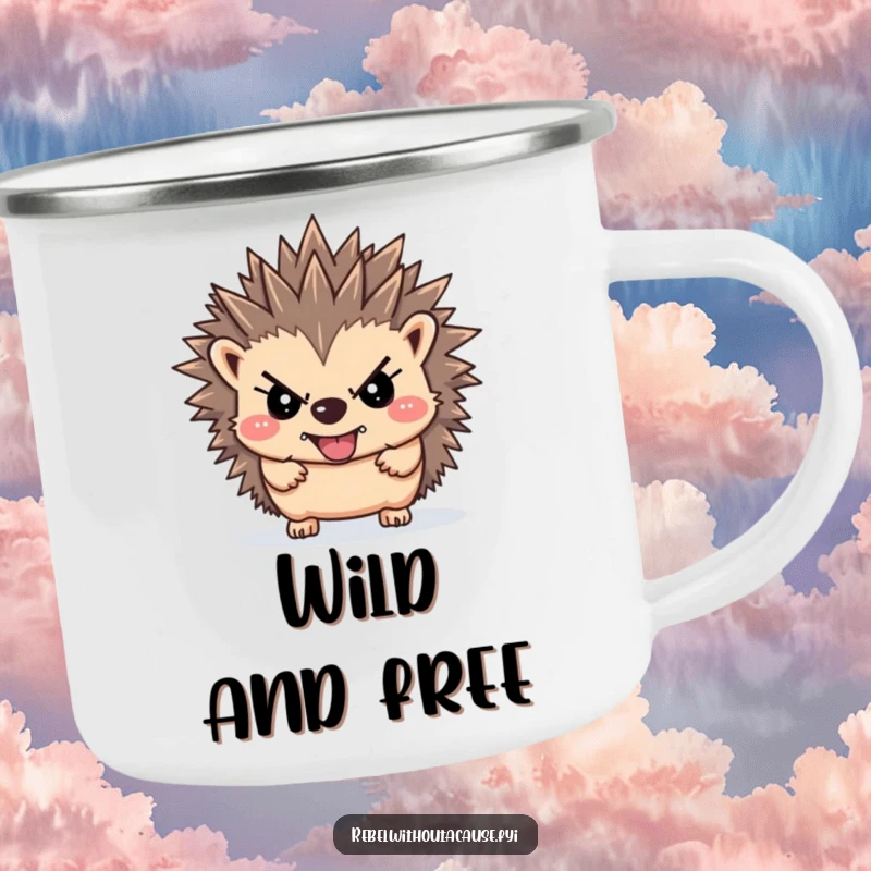 Funny rebellious hedgehog camping mug showing a defiant hedgehog with upward-pointing spikes, ready for outdoor adventures and strong brews.