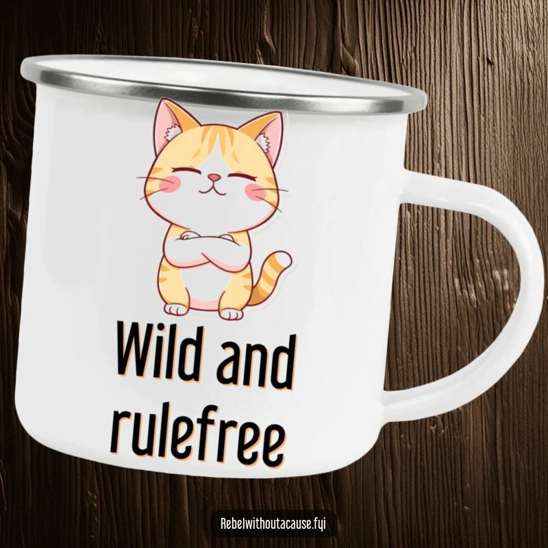Funny camping mug of a giggling cat character arms crossed, looking unimpressed, ready for adventure with a defiant attitude.
