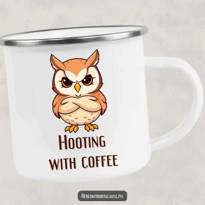 Funny camping mug featuring a bold owl character with a stern, cool expression and crossed arms.