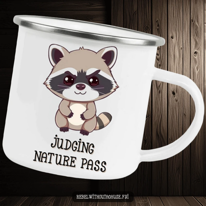 Funny raccoon camping mug featuring a cheeky raccoon with a mischievous smirk and a raised eyebrow, perfect for outdoor humor.