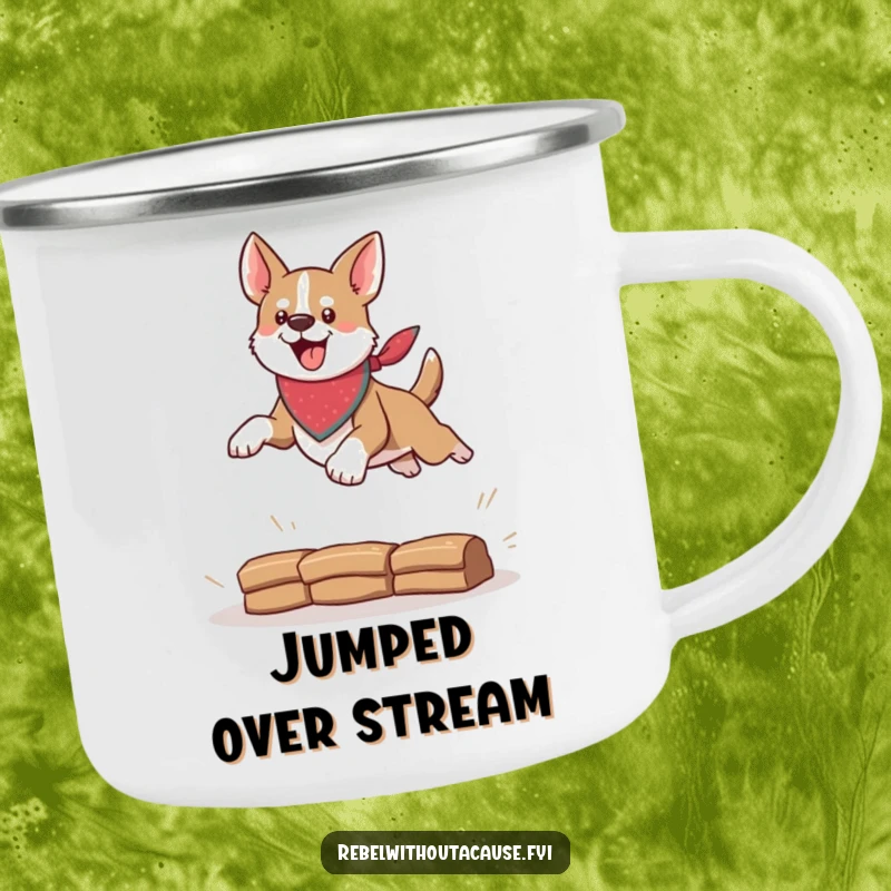 Funny camping mug showing a bandana-wearing dog leaping, ideal for rugged adventures and a touch of humor, a cool funny gift.