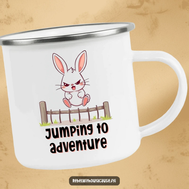 Funny Bunny Camping Mug with a rebellious bunny determinedly jumping over a fence, perfect for outdoor inspiration.