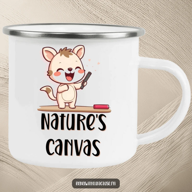 Funny camping mug with a joyful animal character happily scrawling with chalk on a blank wall, symbolizing art and adventure.
