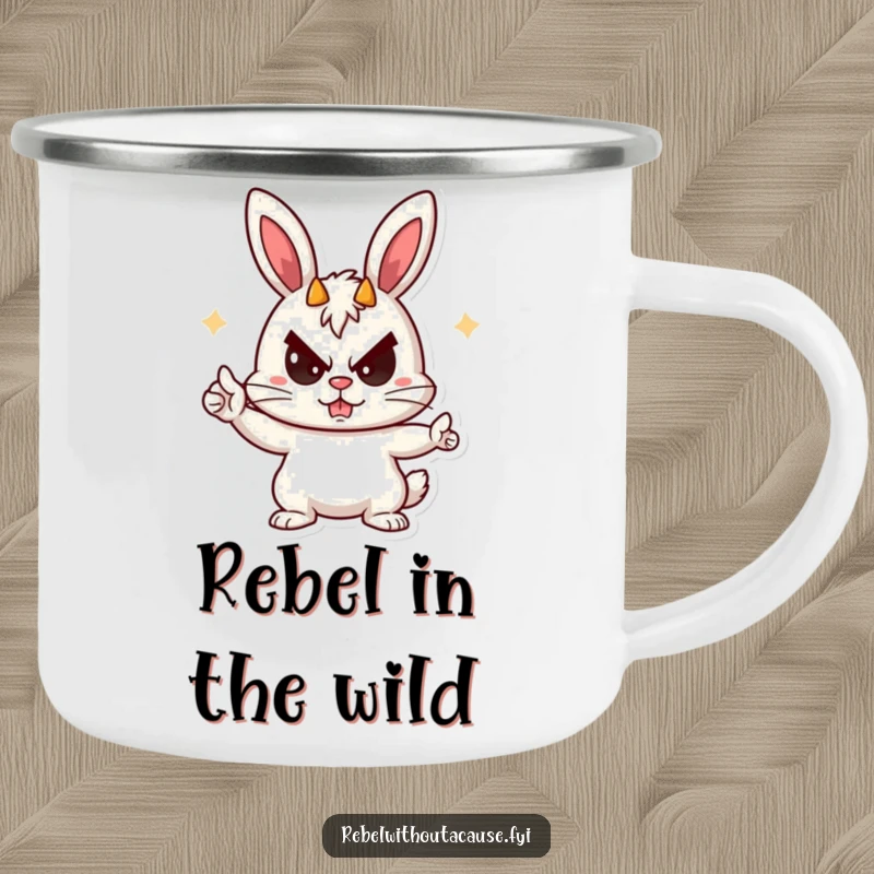 Funny Rebellious Bunny Camping Mug showing a playful bunny giving devil horns with a sneer, adding portable mischief to outdoor drinks.