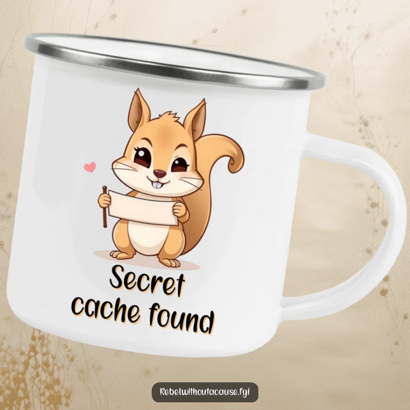 Funny mischievous squirrel wink camping mug showing a squirrel holding a banner and winking, ready for outdoor adventures and brewing secrets.