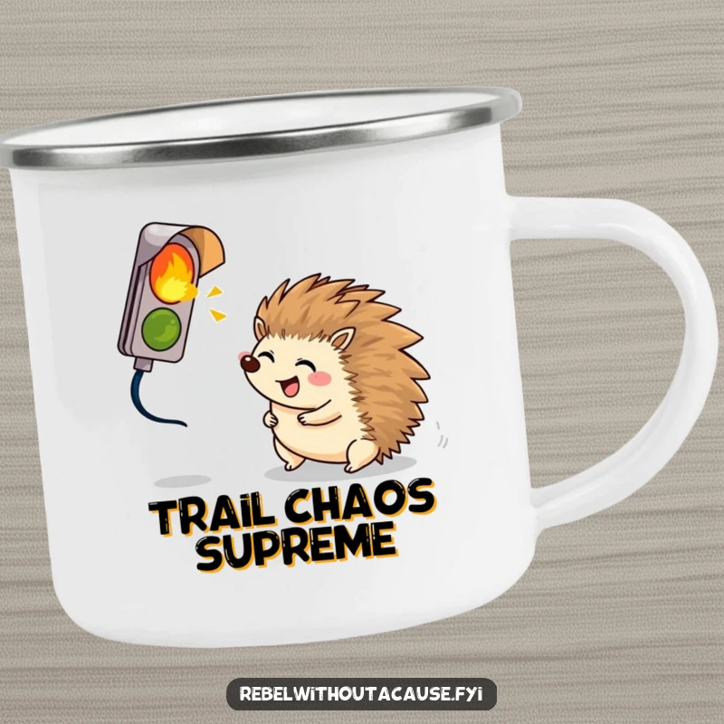 Funny giggling hedgehog rolling towards a broken signal light on a durable camping mug for outdoor fun.