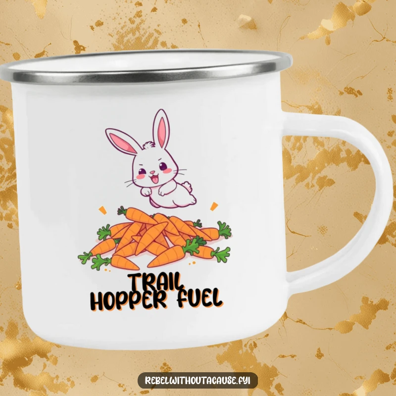 Funny camping mug with a bold bunny aggressively hopping over discarded carrots, designed for humorous outdoor fun.