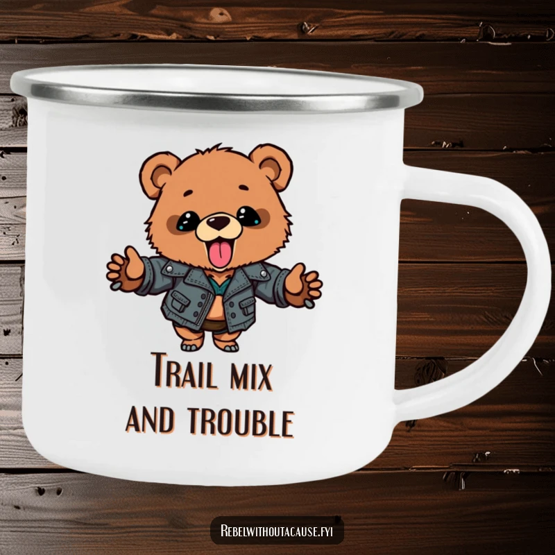 Funny bear cub camping mug featuring a ripped leather jacket cub, perfect for rugged adventures and as a hilarious funny gift.