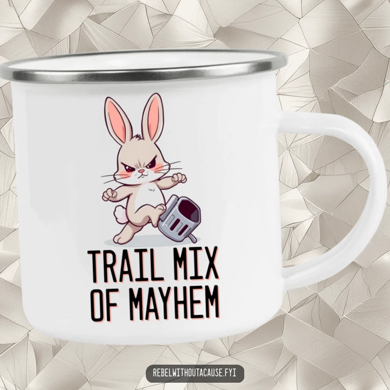 Funny camping mug featuring a sneering bunny kicking a trash can, perfect for outdoor adventures with a rebellious vibe.