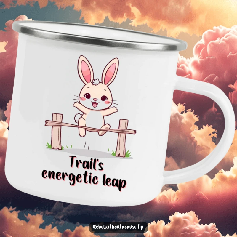 Funny rabbit camping mug of a cheerful rabbit determinedly jumping over a broken fence. Great for outdoor enthusiasts with a motivational spirit.