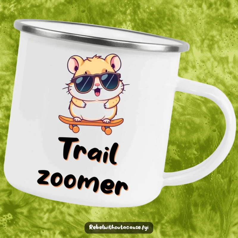 Funny Hamster Camping Mug: A kawaii hamster wearing sunglasses zooms on a skateboard, designed for outdoor adventures and cool sipping.