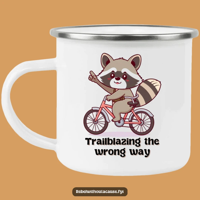 Funny Kawaii Raccoon Camping Mug - Cheeky Backwards Bicycle Adventure!