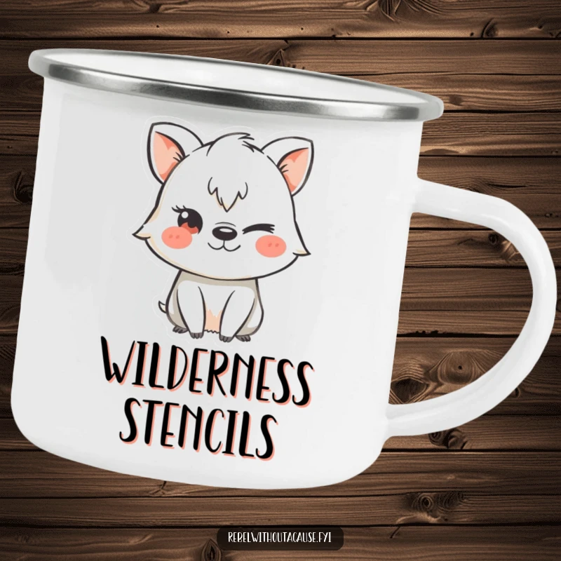 Funny camping mug with a mischievous animal character using a chalk stencil and winking, ready for adventures with playful intent.