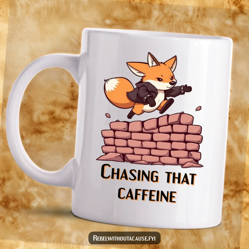 Funny mug featuring a fearless fox in a leather jacket, dynamically leaping over a crumbling brick wall with style.