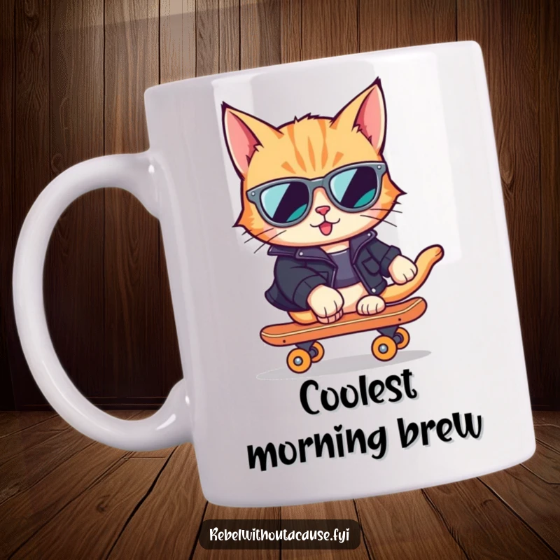 Funny Cat Skater Mug featuring a cool cat in sunglasses and a leather jacket riding a skateboard with attitude.