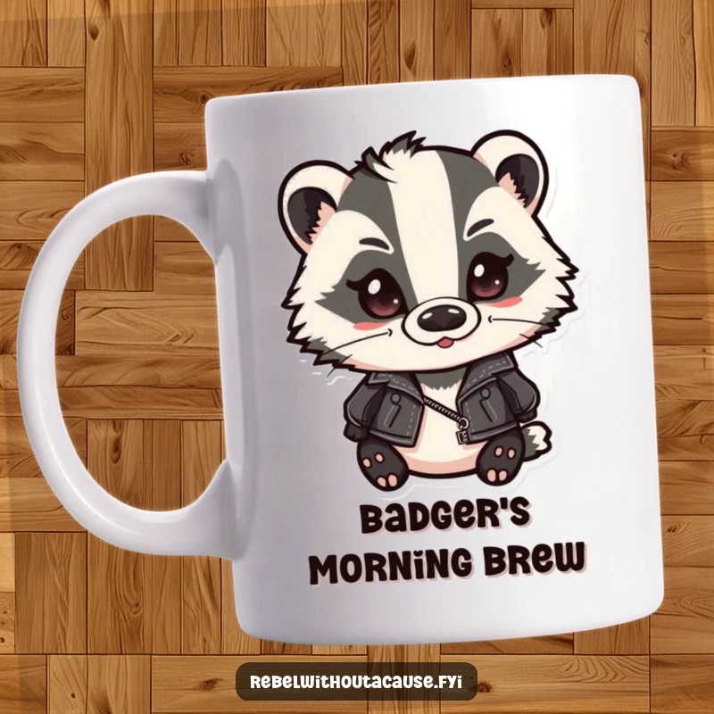 Funny badger mug featuring a cute badger in a leather jacket and slicked-back hair, smirking confidently. A cool and rebellious vibe.