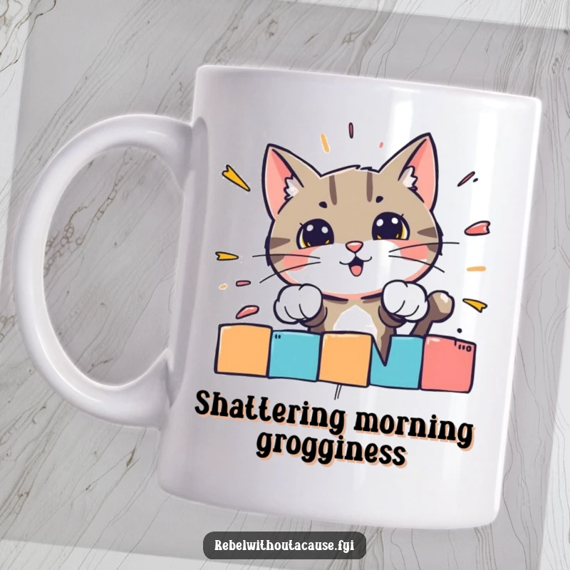 Funny mug showing a bold cat character forcefully crashing through a brightly colored, striped barrier with determination.