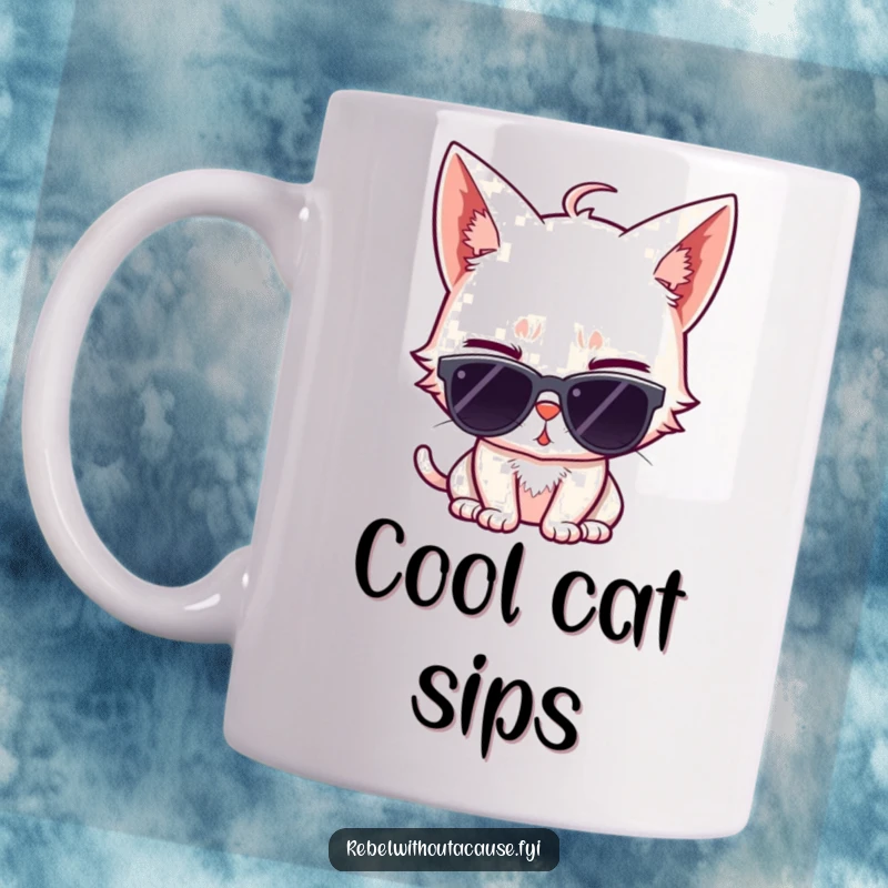 Funny mug depicting a sassy cat wearing sunglasses and giving a cool wink, exuding confidence and playful charm.