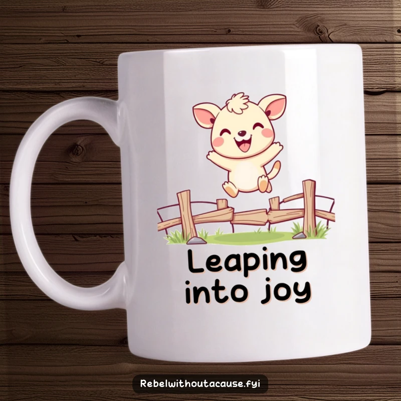 Funny mug with a cheerful animal character joyfully jumping over a broken fence with a wide, infectious smile.
