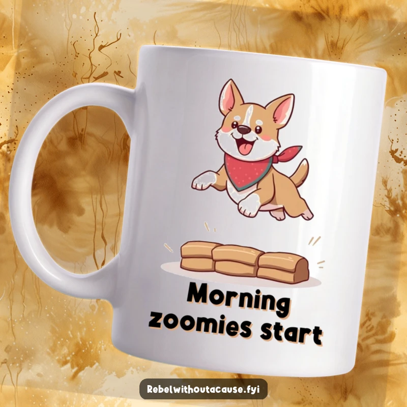 Funny mug depicting a daring dog wearing a bandana, jumping over an obstacle, capturing adventure and fun, an ideal funny gift.
