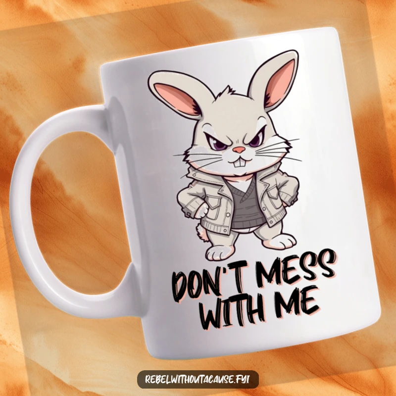 Funny mug featuring a defiant bunny in a ripped jacket, scowling playfully with attitude, ready for a morning coffee adventure.