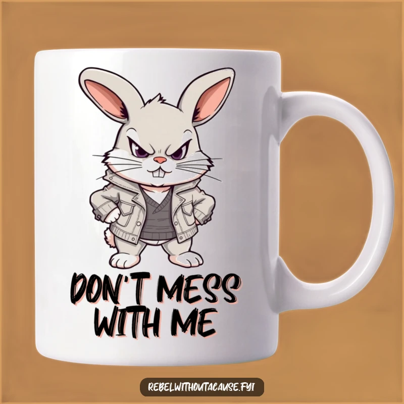Funny Defiant Bunny Mug: Playful Scowl, Ripped Jacket, Perfect Funny Gift