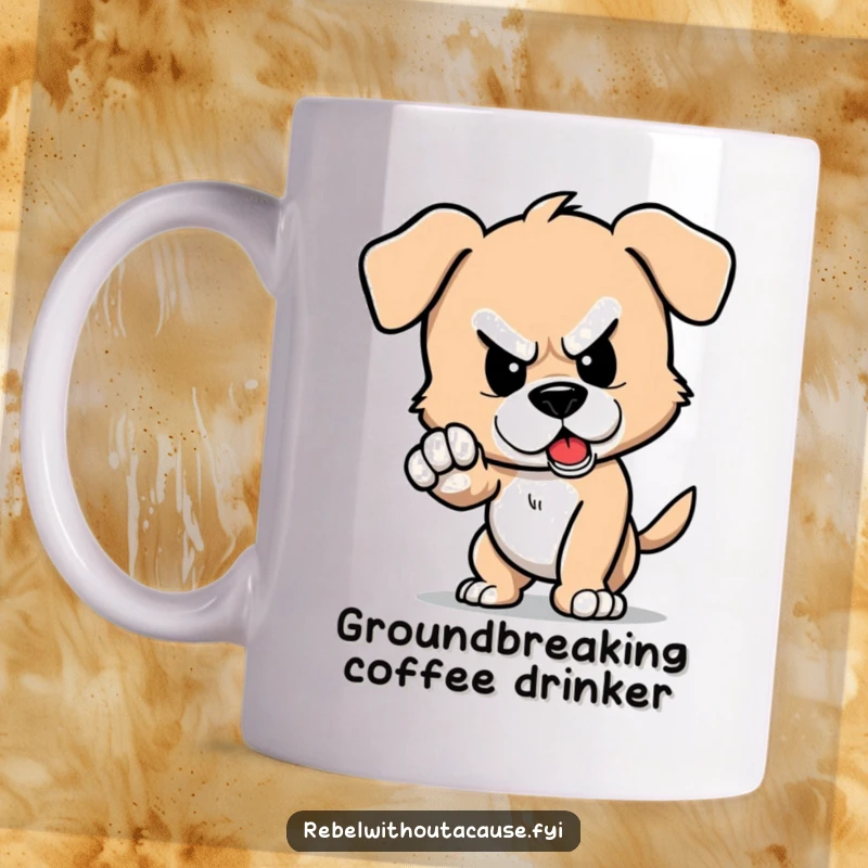Funny mug depicting a defiant puppy character stomping its foot, causing a small, humorous tremor.