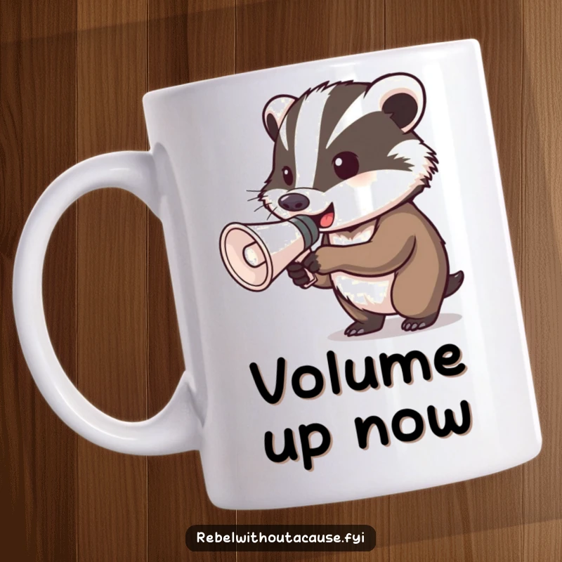Funny determined badger mug gripping a megaphone, looking ready to shout, conveying enthusiasm and a powerful, vocal personality.
