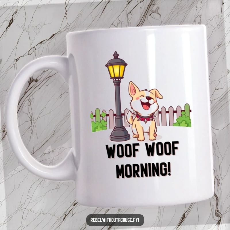 Funny Dog Mug featuring a cheerful dog with a spiked collar playfully barking at a lamppost with enthusiasm.