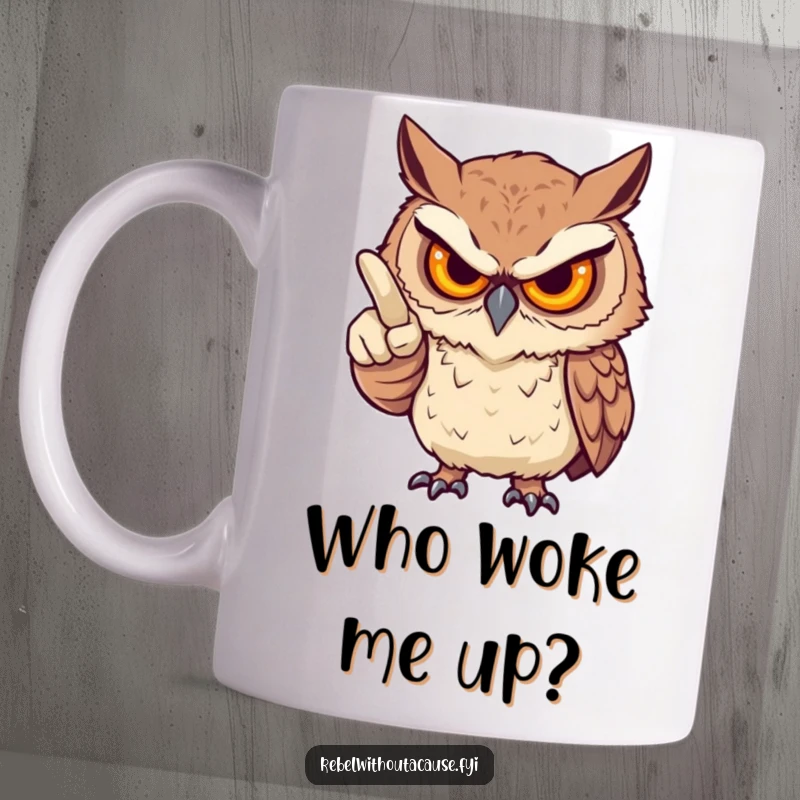Funny mug with a fierce owl, stern gaze, playfully pointing an accusatory finger, conveying judgment with humor, a great funny gift.