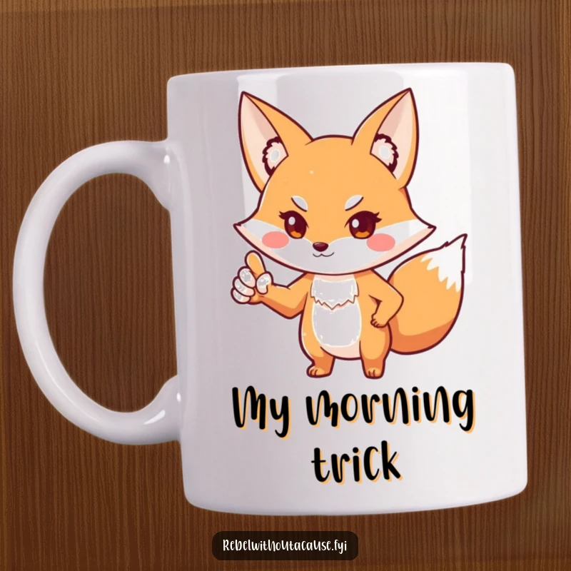 Funny fox mug featuring a playful fox pointing outwards with a defiant stance, as if asking 'You talking to me?'. Humorous and bold.