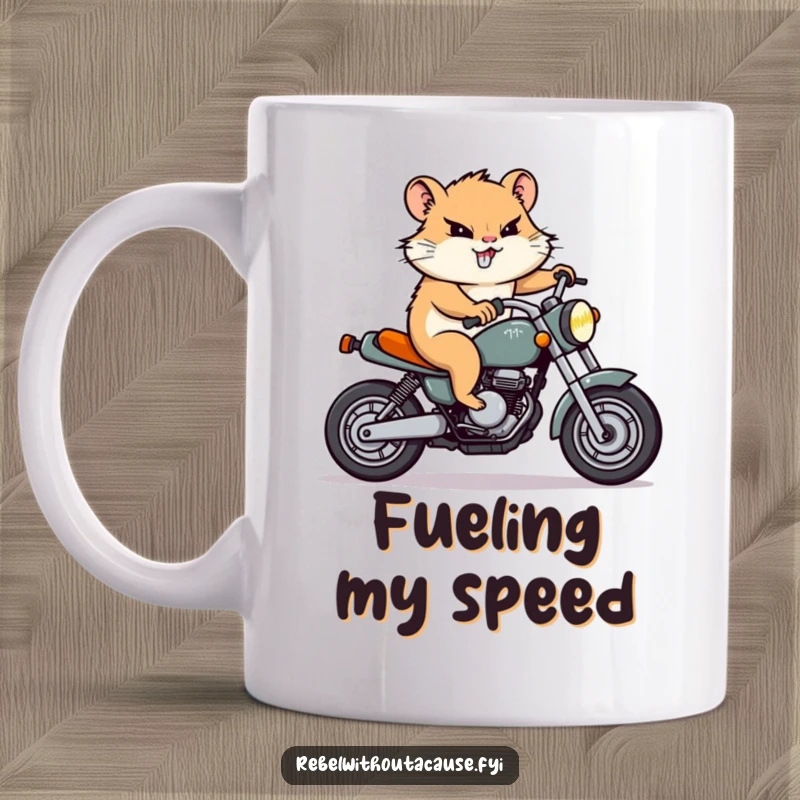 Funny Hamster Motorcycle Mug: A determined hamster character confidently rides a tiny motorcycle, sporting a focused and enthusiastic grin.