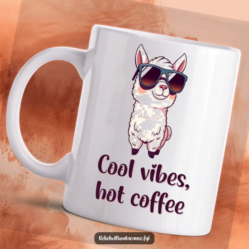 Funny llama wearing oversized sunglasses with a confident stance on a coffee mug, exuding effortless cool.