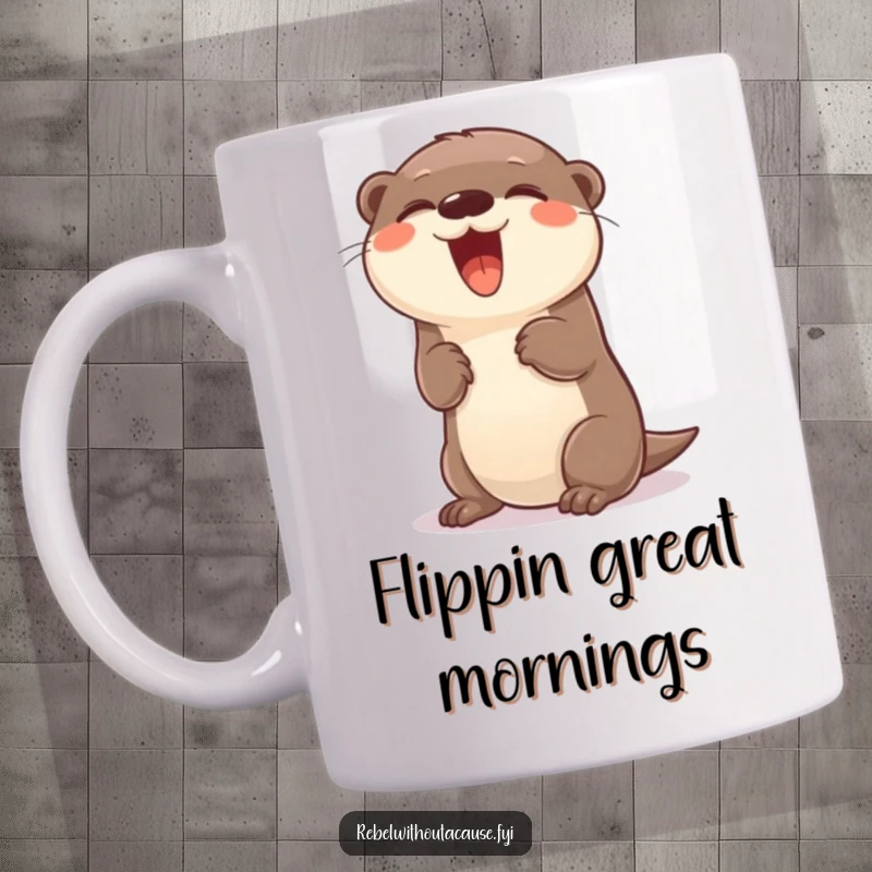 Funny giggling otter with a carefree attitude doing a playful flip on a coffee mug.