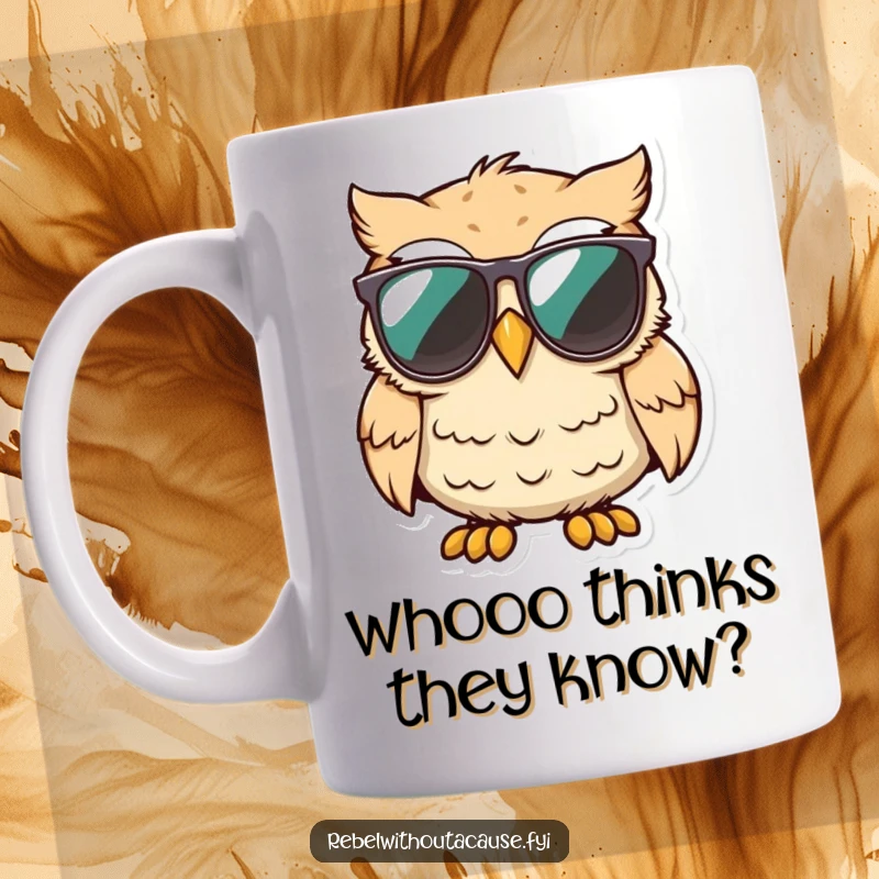 Funny owl wearing sunglasses, looking unimpressed with a smirk on a coffee mug, conveying cool attitude.