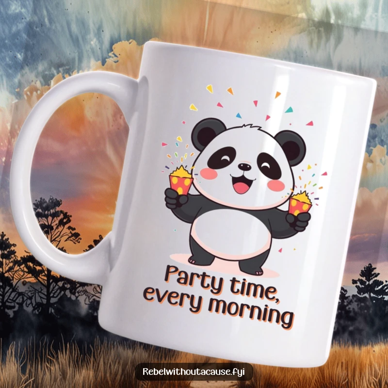 Funny Panda Mug: Mischievous panda expertly juggling three exploding confetti poppers, a scene of joyful, colorful mayhem.