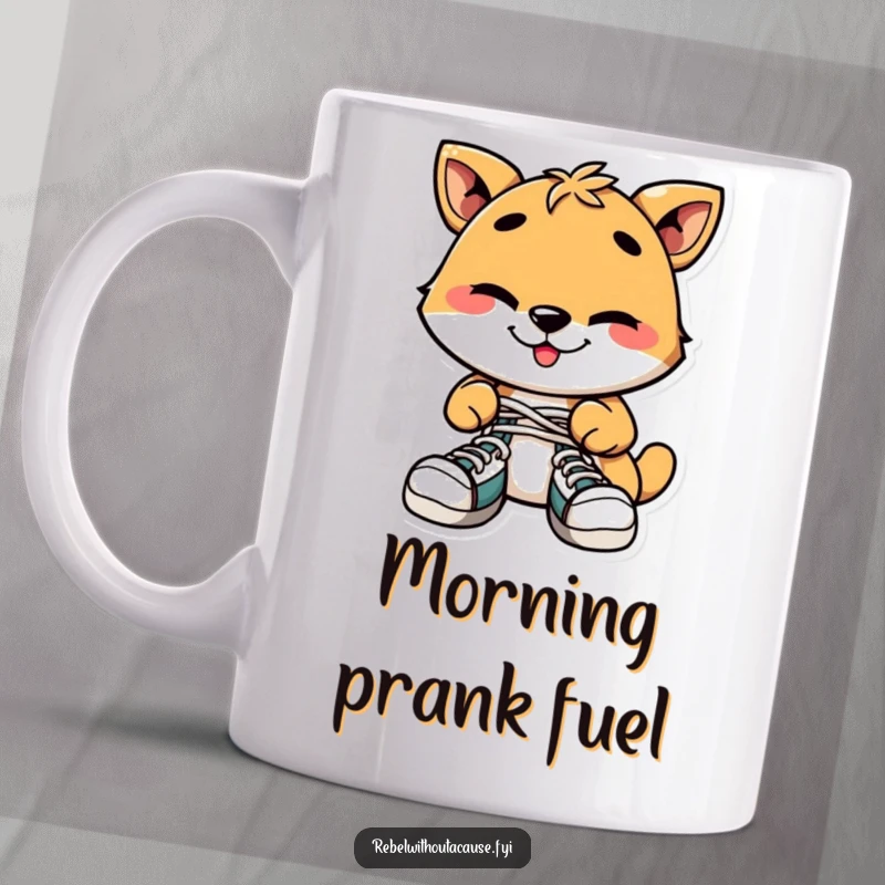 Funny Mug: Playful Animal with Mischievous Grin Tying Shoelaces Together, Symbolizing Pranks and Fun.