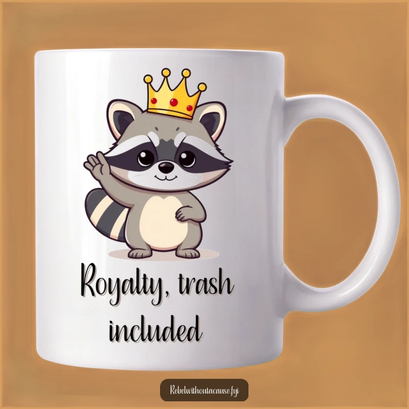Funny Raccoon King Mug: Bold Bandit with Crown & Salute, Perfect Funny Gift
