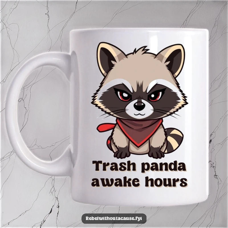Funny raccoon mug featuring a mischievous raccoon with a sly wink and a bandana, embodying a playful bandit spirit, a funny gift.